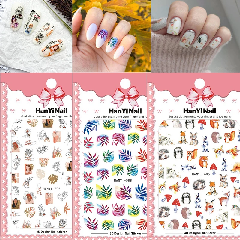 3D наклейки для ногтей маникюра аксессуары осенние кленовые листья розы цветы
