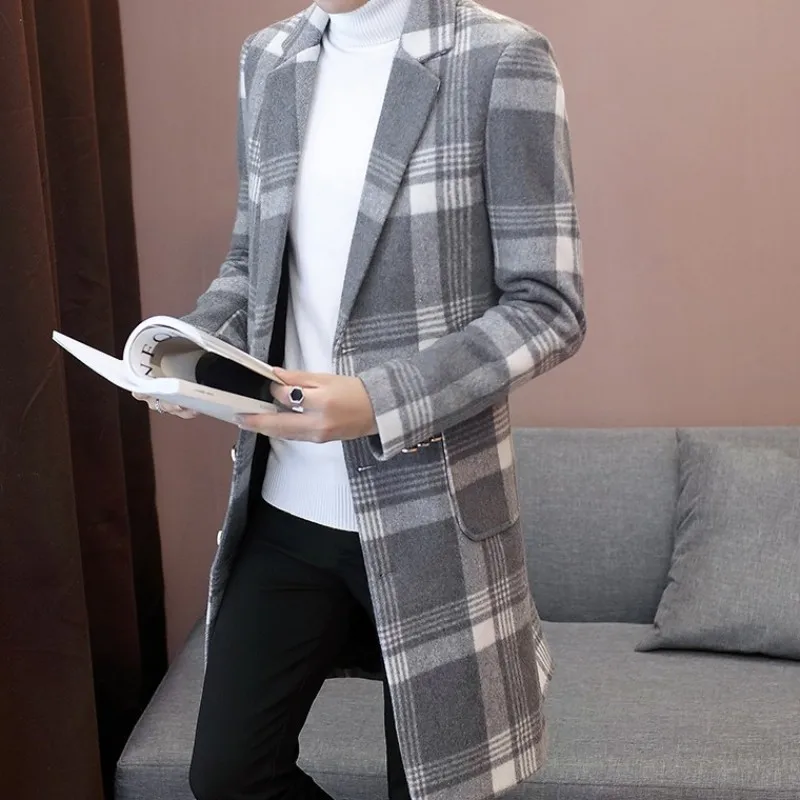 

Winter Mens Thick Fleece Lining Warm Long Trech Coat Plaid Slim Fit Overcoat Blends Korean Single Breasted Outwear Windbreaker