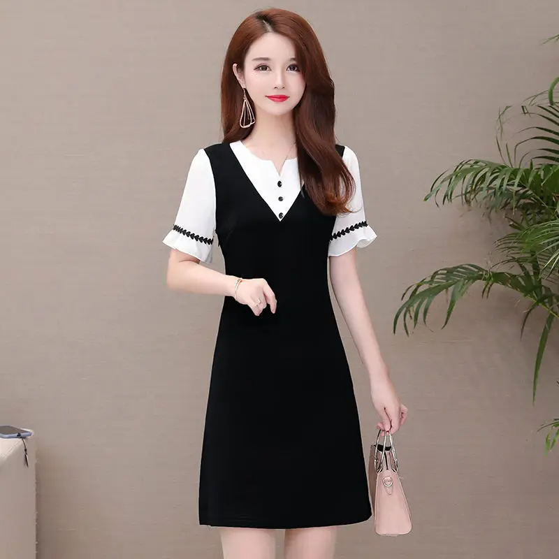 

Women's Spring Summer Style Dress Women's V-Neck Fake Two-Pieces Button Short Sleeve Korean Casual Dress SS3590