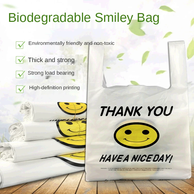 

50PCs Biodegradable Eco-friendly Smiley Face Plastic Bag Supermarket Vest Vest Shopping Bag Customizable