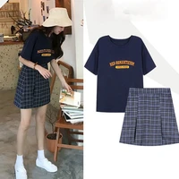 summer suit female 2021 new loose korean student short sleeved t shirt high waist plaid a line skirt