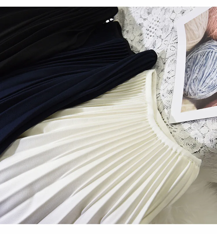 

2020 Spring Women Elegant Pleated Skirt High Waist Women White Long Skirt Female Ladies High Quality Women Midi Skirt Black Saia