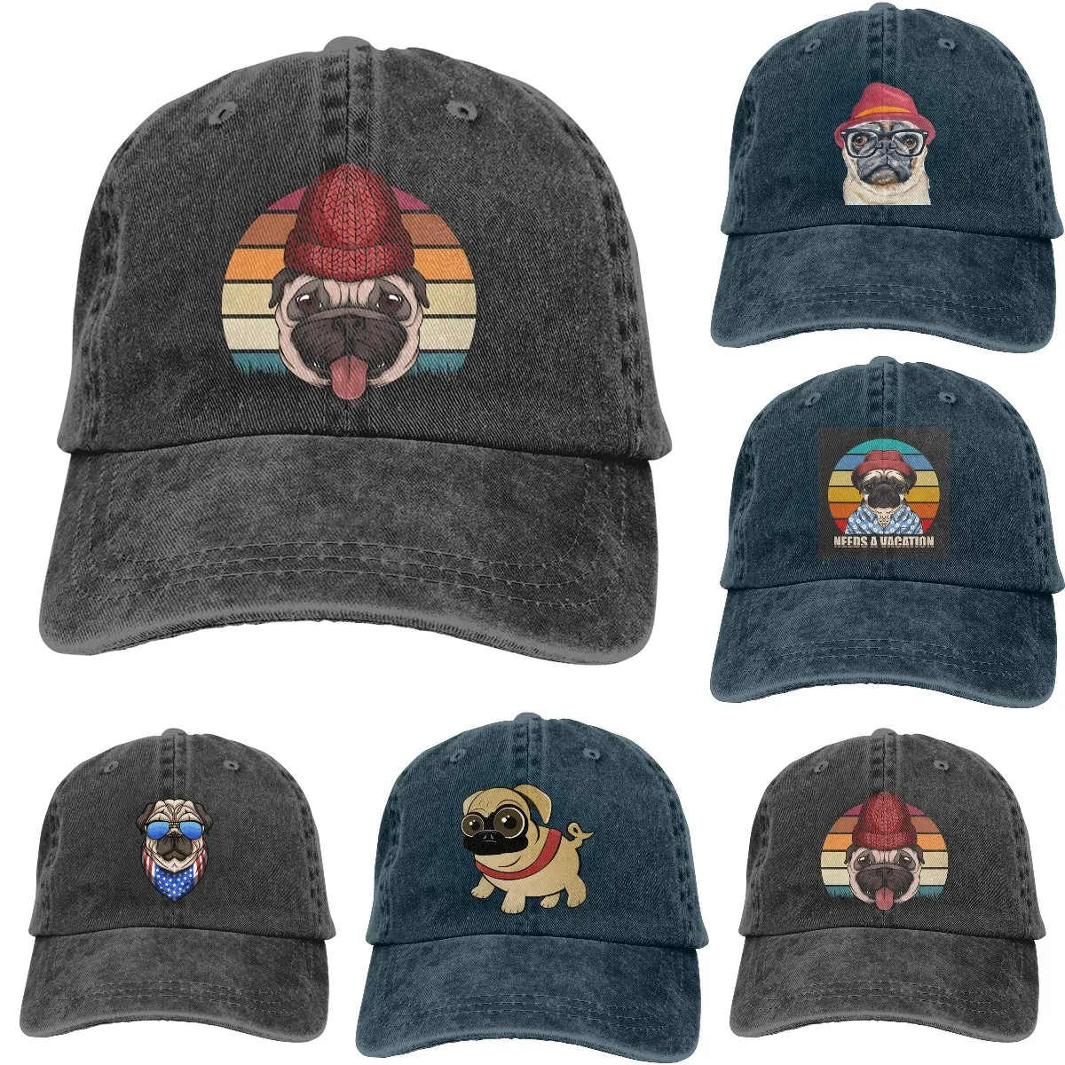 

Pug Dog Retro Unisex Baseball Cap Washed Denim Adjustable Dad Hat