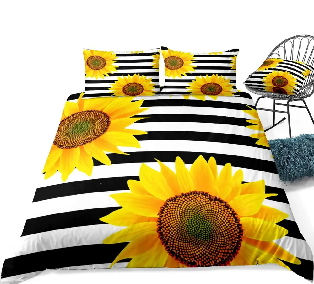 

Duvet Cover King Size 3 Pieces Yellow Sunflowers Bedding Black White Stripe Duvet Cover Set Flower Quilt Cover Queen Bed Set