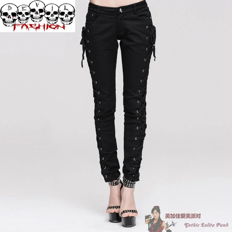 

Devil fashion Punk Gothic visual women's rock lace up slim boots pants trw105
