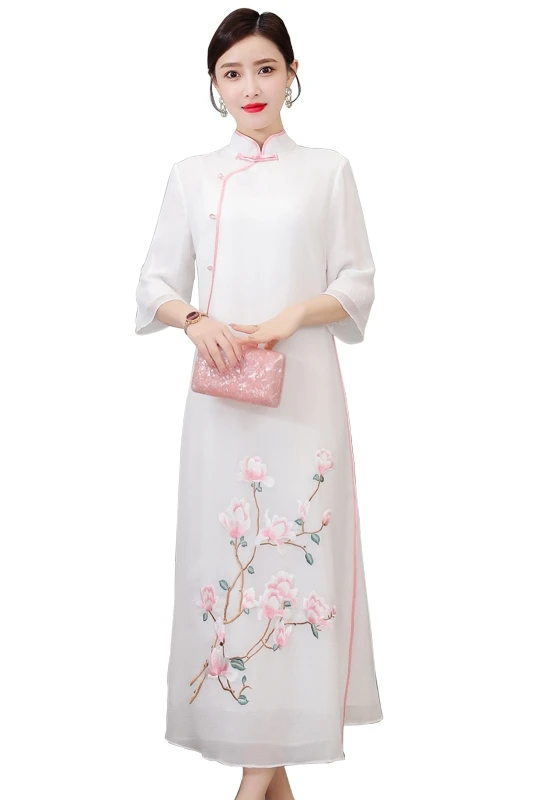 

COIGARSAM 4XL Plus Size Cheongsam Loose Women Long dress New Summer Embroidery Dresses White 6898