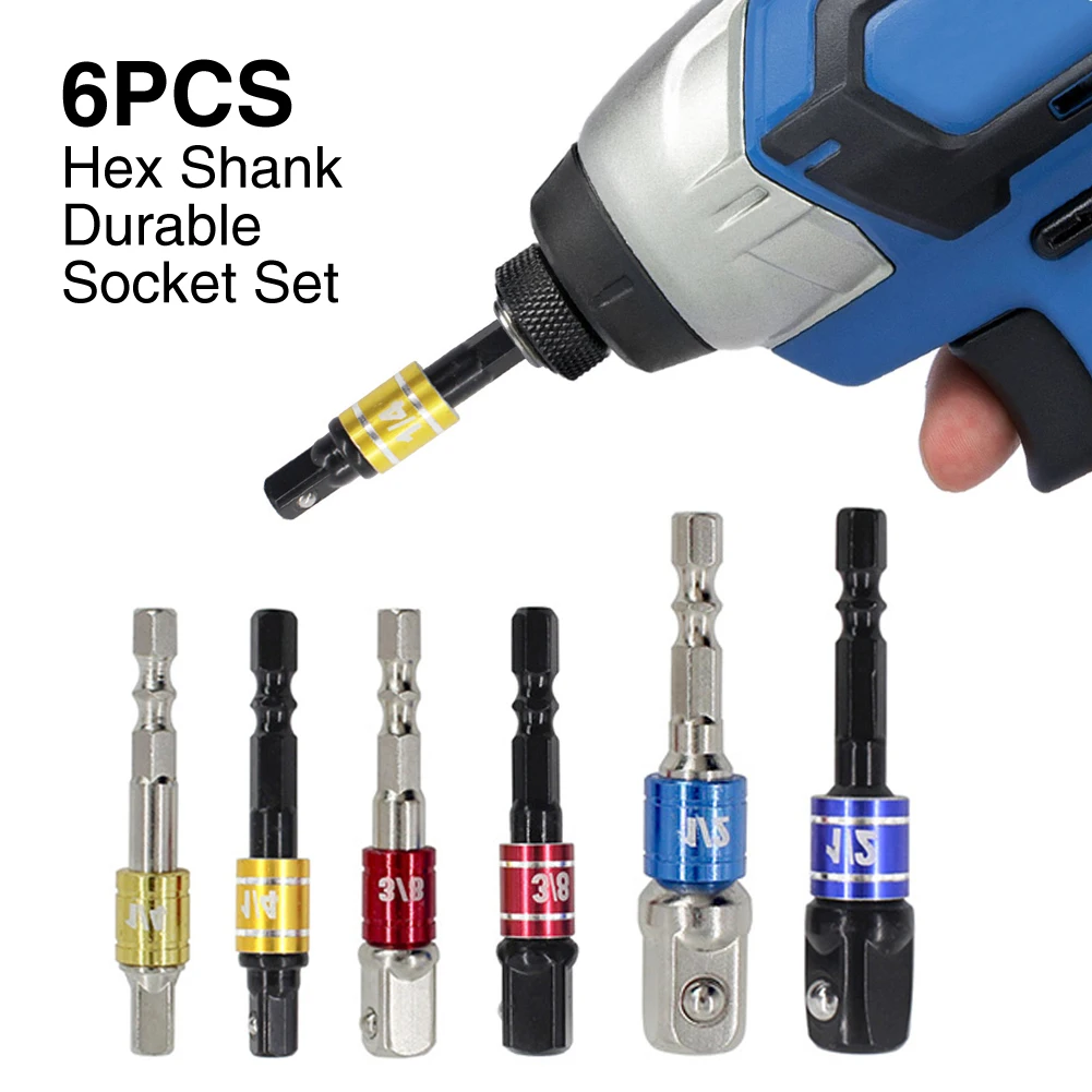 

6pcs Adapter Extension Socket Set Chrome Vanadium Steel Turns Power Drill Into Nut Driver Home 1/4inch 3/8inch 1/2inch Hex Shank