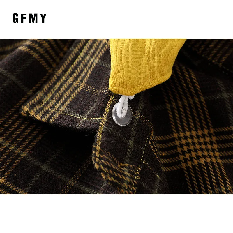 GFMY/2019 г. Осенняя модная детская клетчатая рубашка со съемной шляпой с длинными