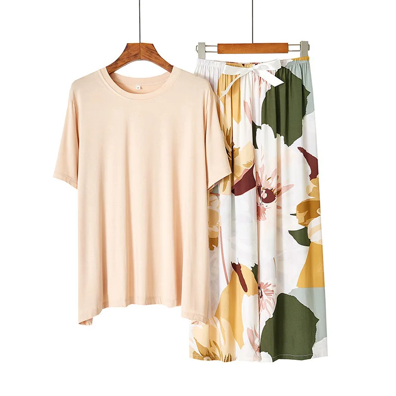 Pajamas Women's Short Sleeve Modal Nightgown & Sleepstirts Simple Comfortable Flower Home Clothes Ankle-Length Pants Sleepwear