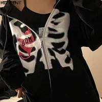 zipper y2k harajuku hip hop loose skull print long sleeve plus size hoodies women and men streetwear sweatshirt
