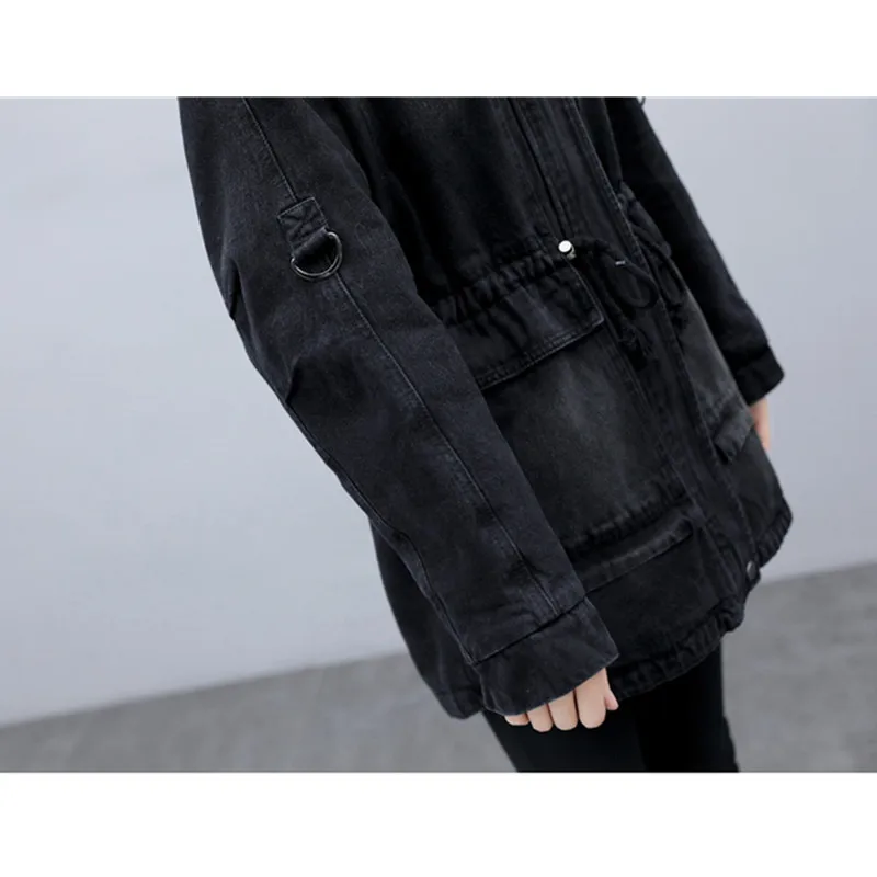 Зимняя джинсовая куртка для женщин с капюшоном средней длины из овечьей шерсти