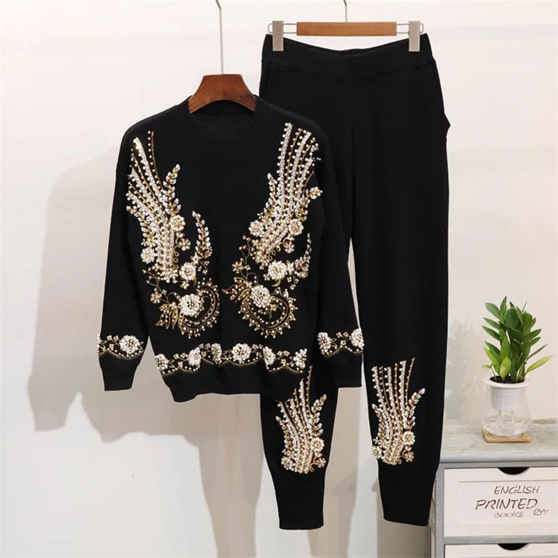 Women's Sweater Suit Autumn Winter Knitted Tracksuit Beaded sequin embroidery Pullovers+Pants Two Piece Set Outfits