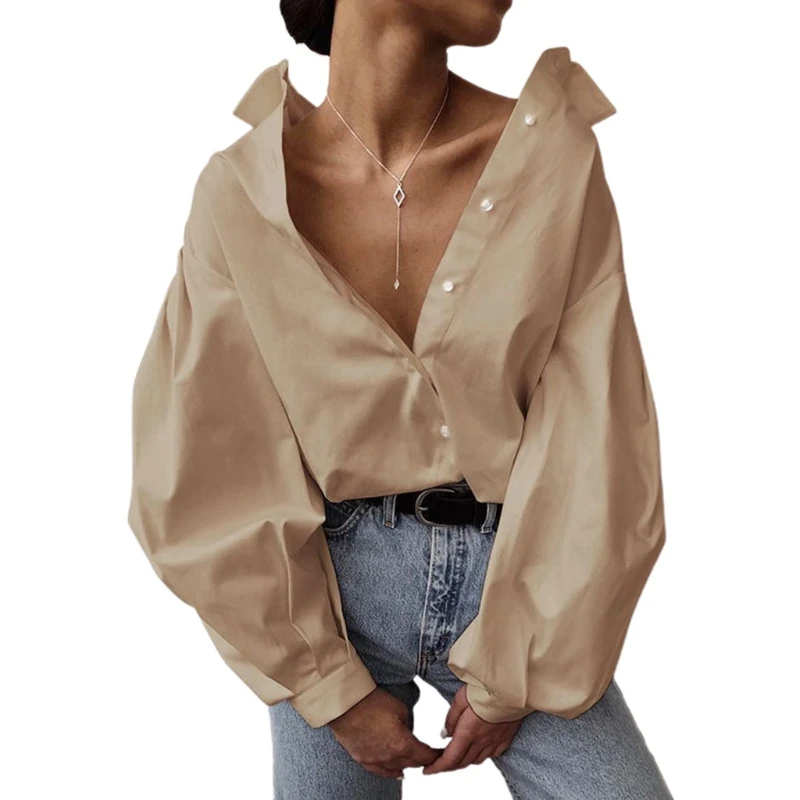 

Women Lantern Long Sleeve Solid Blouse Vintage Lapel Button Down Loose Shirts