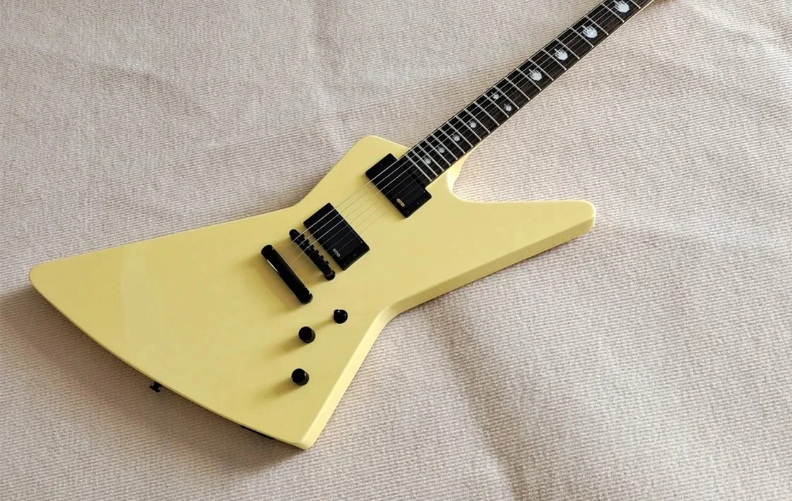 

Order booking 6 strings guitar, alien irregular yellow guitar,fixed bridge H H pickups,black buttons,fingers shell inaly,active