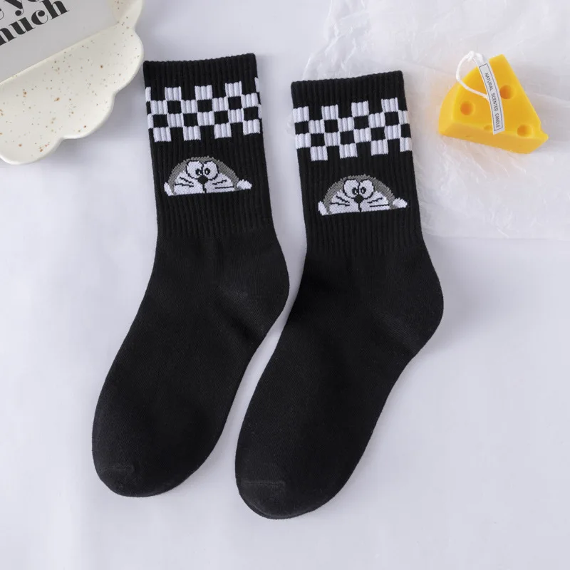 

Dorayaki Super Power Dorae Cat From The Future Crew Socks Black and White Check Plaid Flag Daily Japanese Cartoon Anime Peekaboo