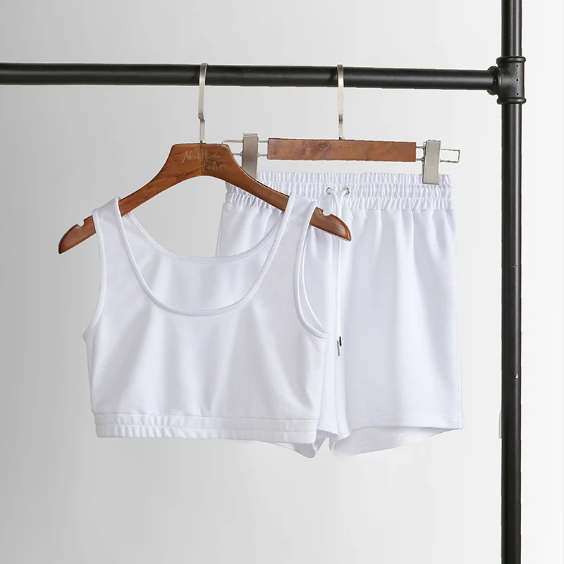 

Casual Solid Sportswear Two Piece Sets Women 2021 Crop Top And Drawstring Shorts Matching Set Summer Athleisure Outfits