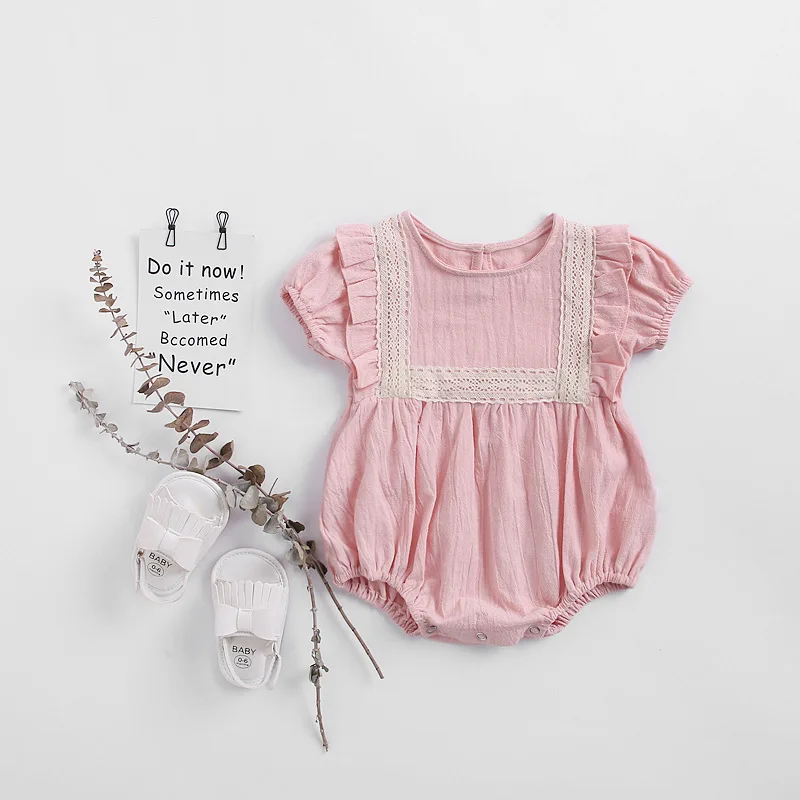 

Sweet Baby Girls Lace Pink Cotton Rompers Summer Western Fashion Cute Toddler Children Infant Clothes