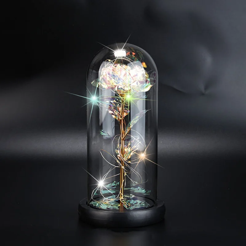 

NValentine's Day Color Gold Foil Rose Flower Glass Cover Decoration Ornaments With Lamp Artificial Flower Decoration Lamp Blue 2