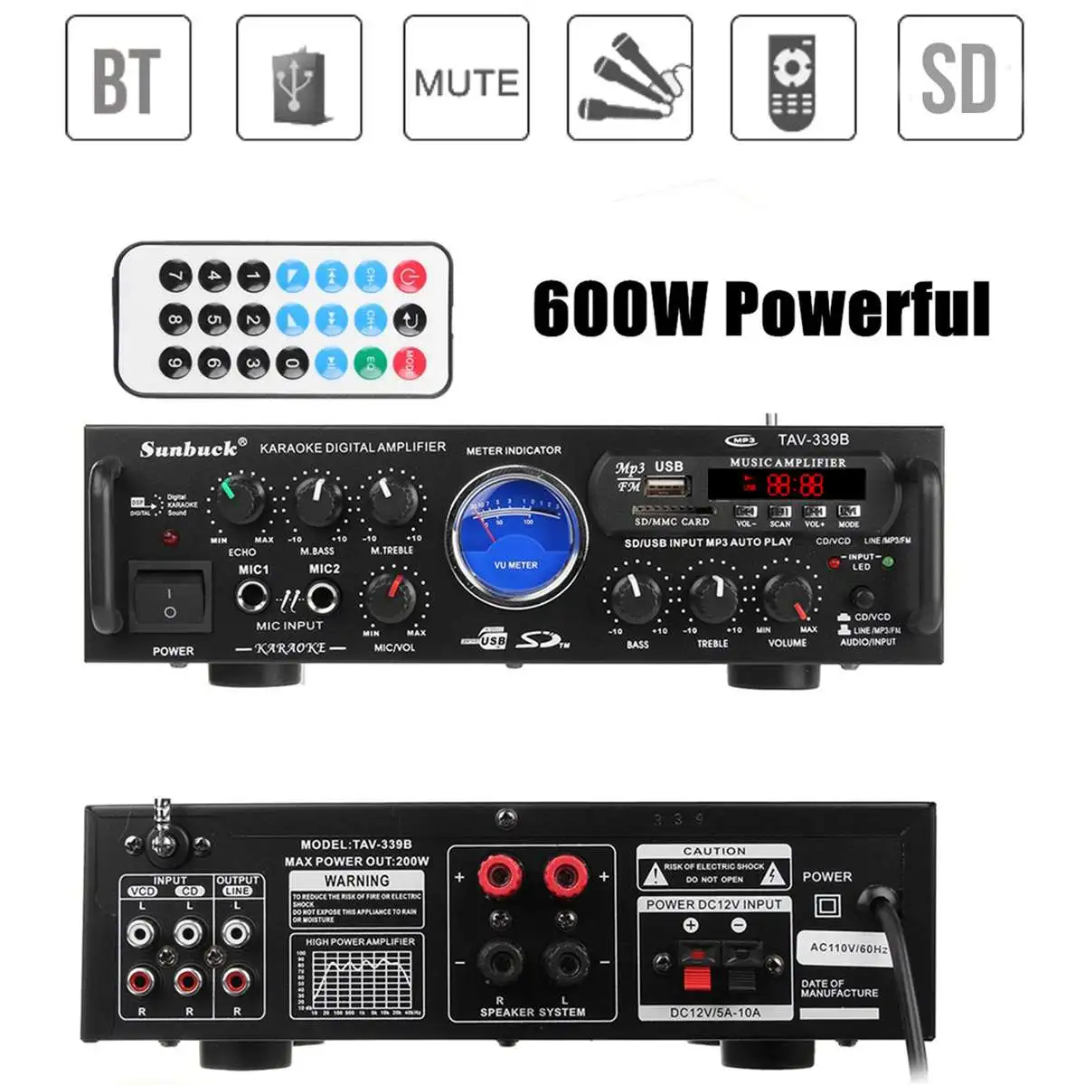 1200 Вт Bluetooth Мощный стерео усилитель HIFI УФ-метр FM 2CH USB SD караоке домашние усилители