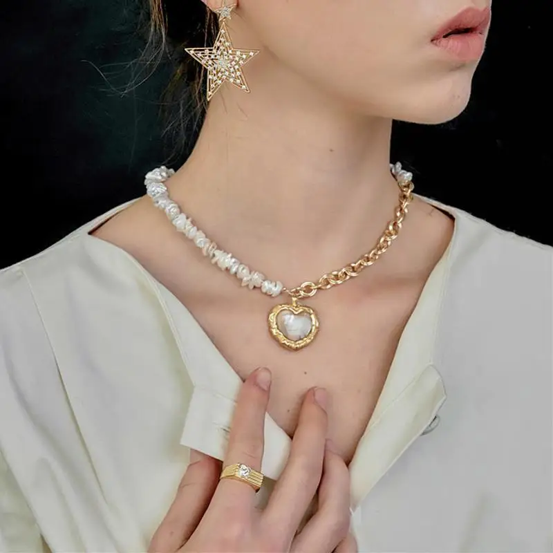 

Timeless Wonder Glam Natural Baroque Pearl Heart Chains Necklace Women Jewelry Punk Gothic Designer Top Ins Fancy Kpop Rare 2348