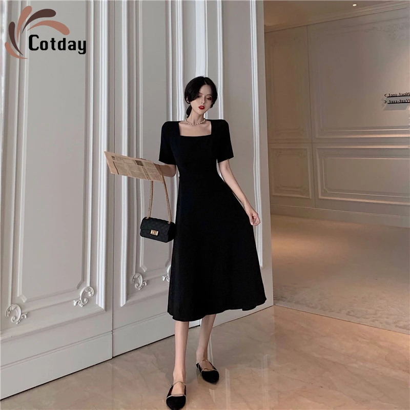 

Cotday Sexy Square Collar Black Female Bow Vintage Summer A-Line 2020 New Hepburn High Waist Women Mid-Calf Dress