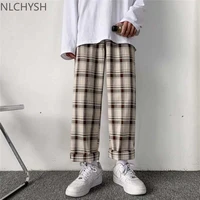men pants plaid loose comfortable retro casual all match elastic waist chic wide leg trousers fashion streetwear korean style