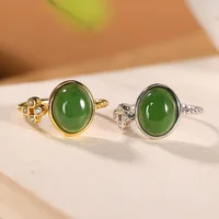 S925 sterling silver gold-plated natural Hetian jade ring graceful personality four-leaf clover Women's Open ring
