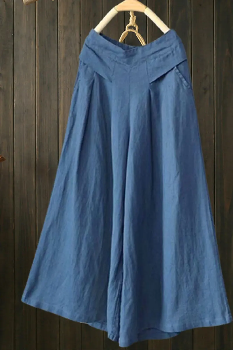 

Women High Waist Wide Leg Pants Casual Pocket Cropped Trousers Cotton Liner Pants Spring Summer Office Lady Work Loose Pantskirt