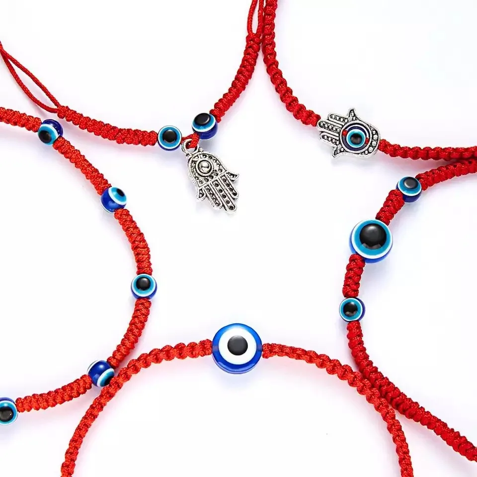 

Promotion New Ornament Palm Double Round Beads Blue Eyes Evil Eye Lucky Red Rope Hand-Woven Adjustable Bracelet Couple Gifts