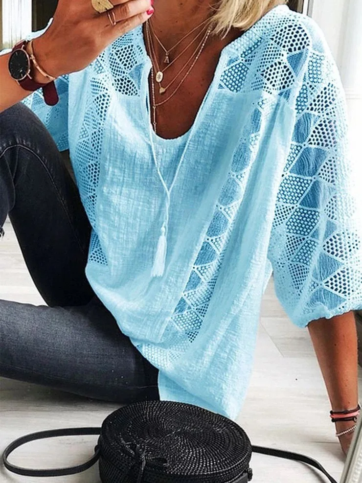 

Large size loose women blouses 2020 summer cotton blouse solid color leisure hollow O-neck 3/4 sleeve lace Lady plus shirt