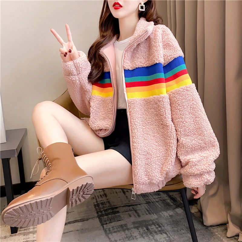 

Lucyever Kawaii Women Hoodies Fashion Warm Faux Cashmere Embroidered Rainbow Striped Japan Thick Girls Sweatshirt 2021