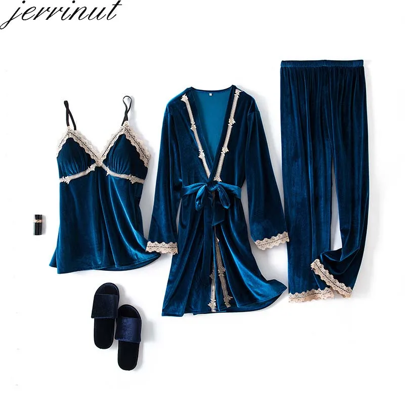 Jerrinut 3 шт. золото бархатные пижамы Одежда для сна Комплект Для женщин зима