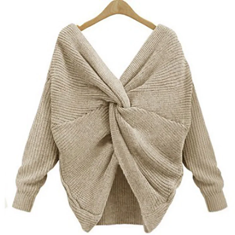 5 colors V-Neck Twisted Back Sweater Women Jumpers Autumn Pullovers Casual Sexy Tops Long Sleeve Knitted Sweaters Pull Femme | Женская
