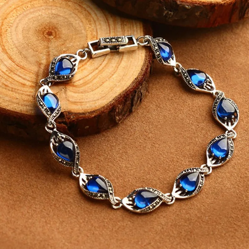 blue corundum Новинка, Серебро s925, красный корундовый браслет для женщин, винтажный тайский серебряный синий корунд, гранатовый браслет, женский серебряный браслет - Окраска металла: blue corundum