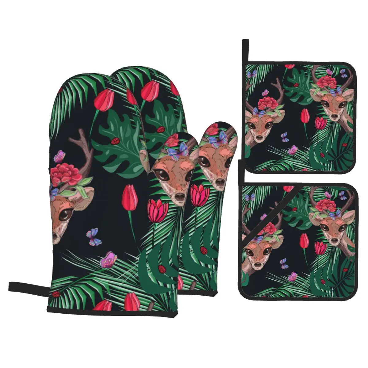 

4pcs Kitchen Gloves Insulation Pad Cooking Microwave Gloves Deer Butterflies Flowers Leaves Baking BBQ Potholder Pad Oven Mitts