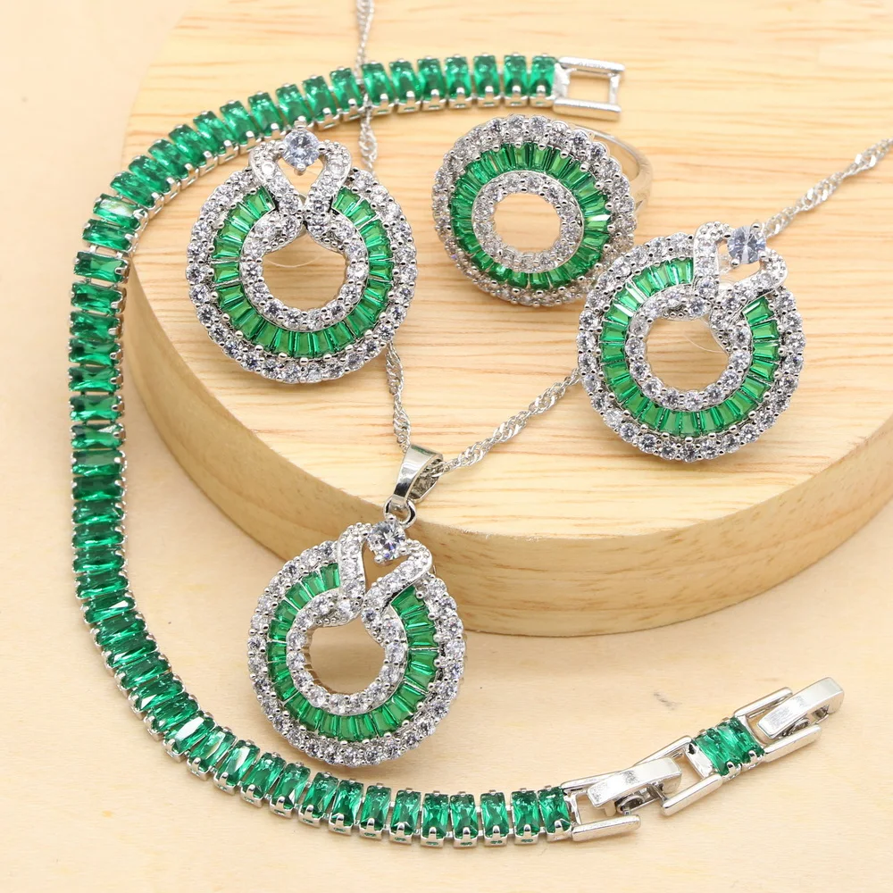 

Jewelry Sets For Women 925 Sterling Silver Green Stones Zirconia Trendy Pendant Necklace Earrings Bracelet Ring