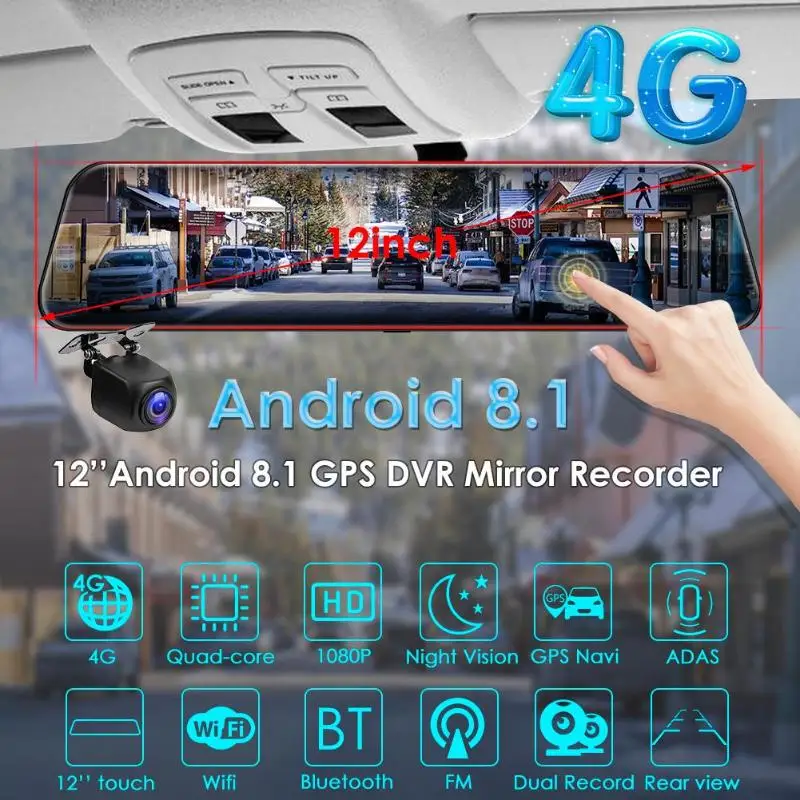 12 дюймов 4G Android 8,1 зеркало заднего вида Автомобильный видеорегистратор Камера gps навигация регистратор рынок Google навигация видео запись