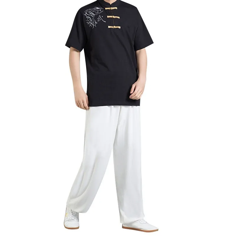 

Martial Art Short Sleeve Top Adult Knit Kung Fu Uniform Chinese Style T-shirt Cotten Tai Chi T Shirt Embroidery