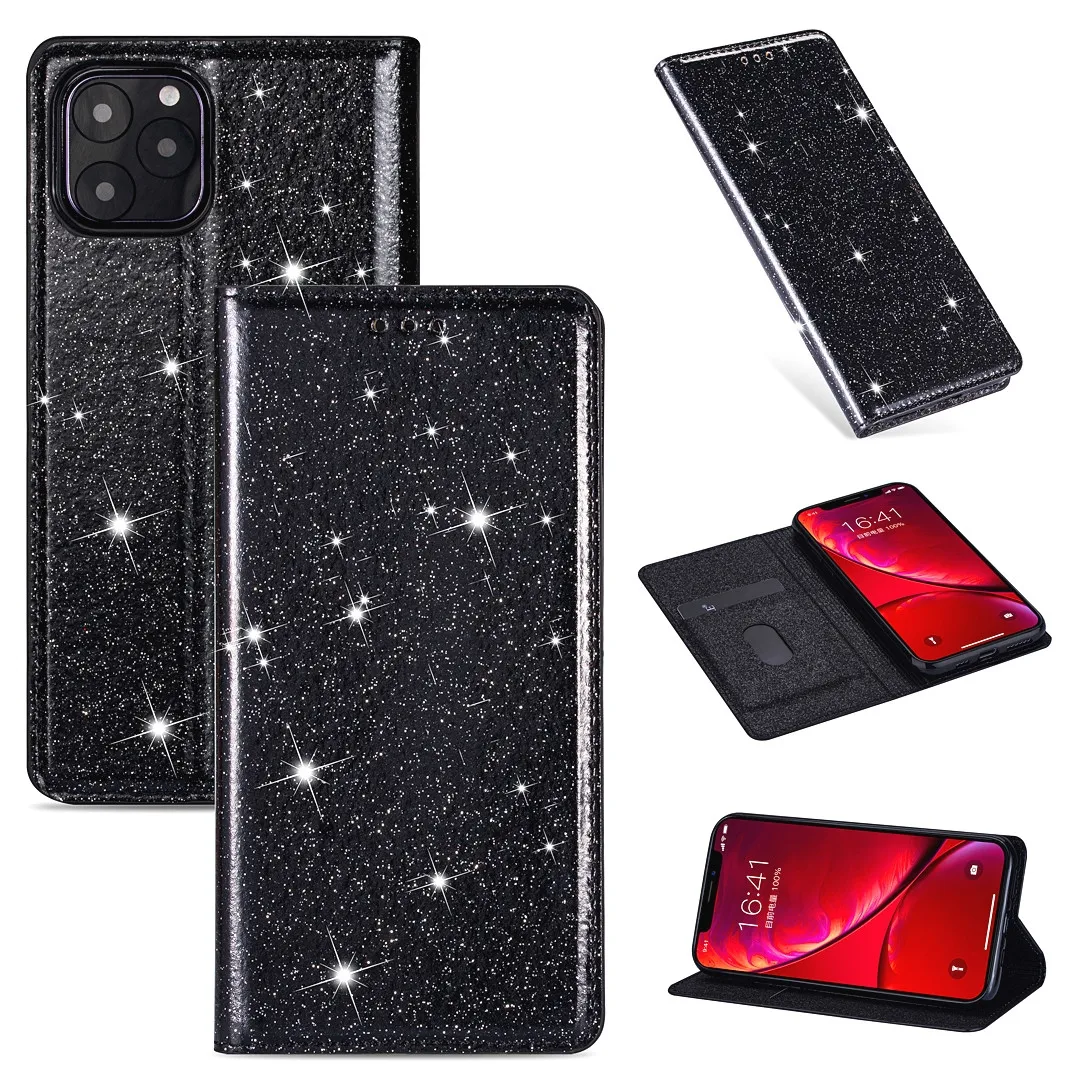 Блестящий кожаный магнитный флип-чехол для IPhone X Xr Xs 11 pro Max Bling кошелек держатель для карт Обложка для книги для IPhone 8 7 6 6s Plus - Цвет: Black CSJ