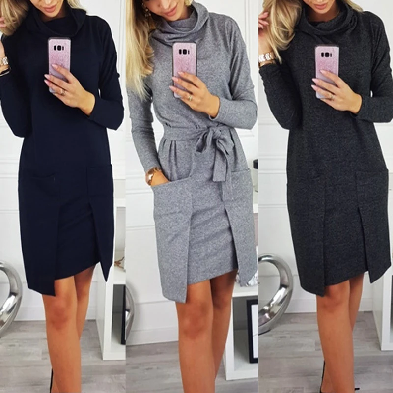 

Autumn Winter Women Fashion Ladies Female Large Big Solid Color Blouse Dress Elegant Neck Long Sleeve Big Pocket Tops