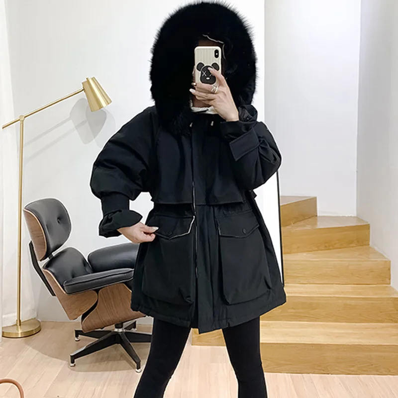 Женский пуховик с воротником из натурального Лисьего меха свободная парка