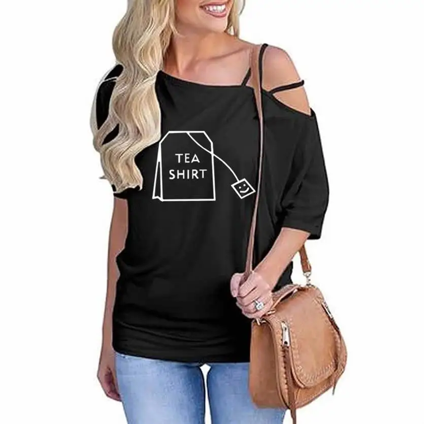 

TEA SHIRT Letters Print T-Shirt For Women Harajuku Summer Half Sleeve Loose Tops T-Shirt Skew Collar Casual ​T-Shirt