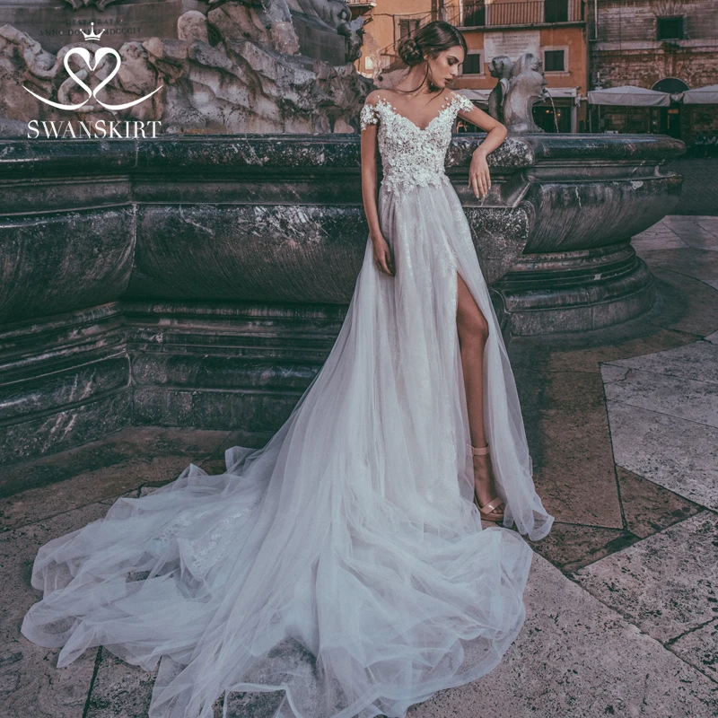 Сказочные цветы свадебное платье 2019 Лебединая юбка с v образным вырезом