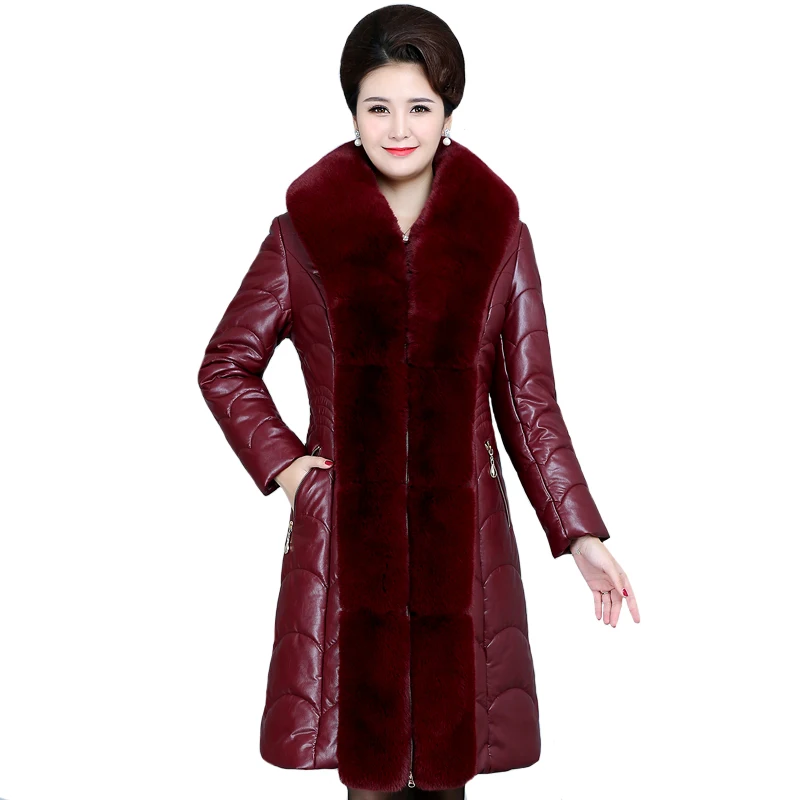 Зимняя женская кожаная куртка с меховым воротником размера плюс 6XL толстые