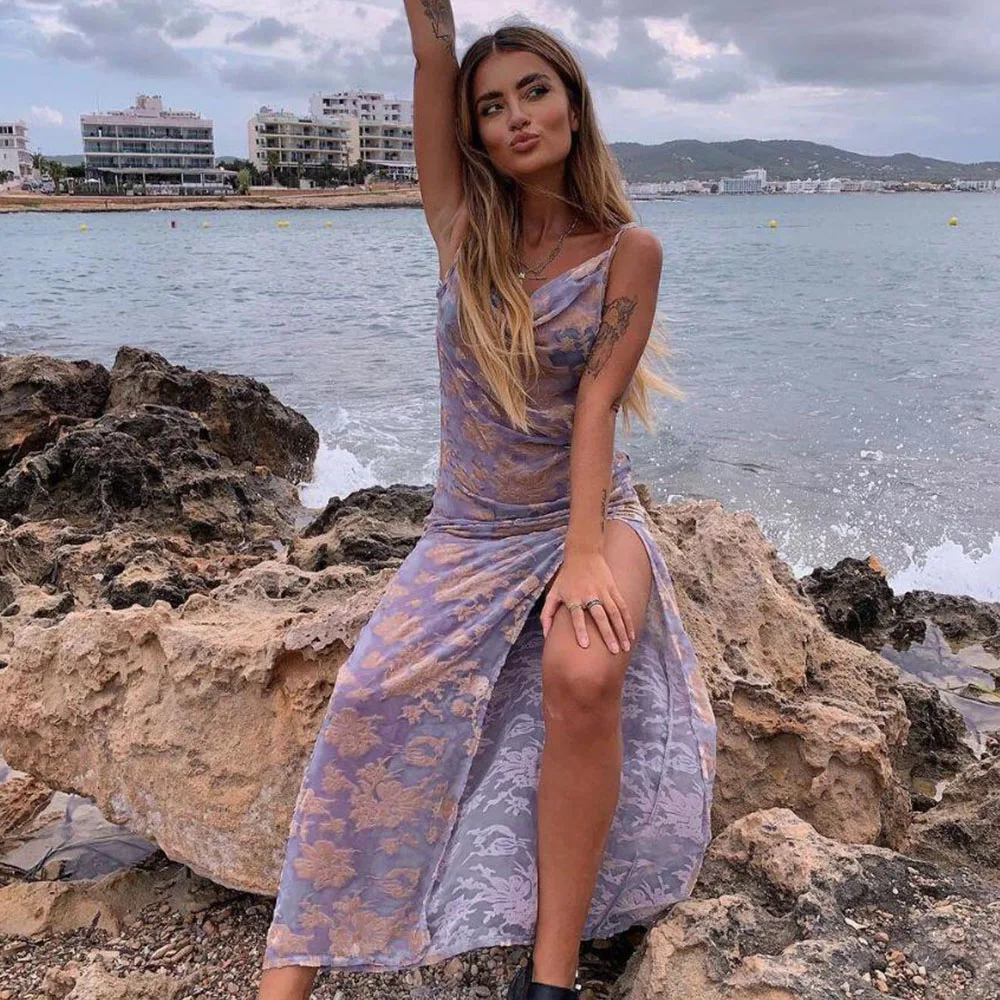

Summer 2021 Floral Print See Through Dress Female Side Slit Long Bohemian Vestidos Purple Flower Beach Party Dress For Women
