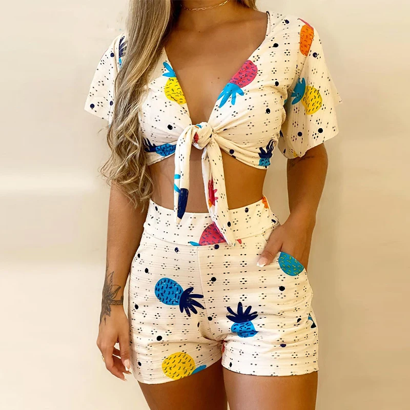 

Ladies Fashion Short Sleeve V-neck Summer Leisure Club Party Women's Top and Printed Shorts Set 2-piece Set
