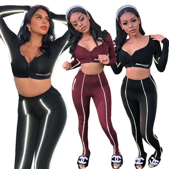 

Women's casual two-piece fashion sexy commuter zipper V-neck short cropped trousers reflective belt sports suit