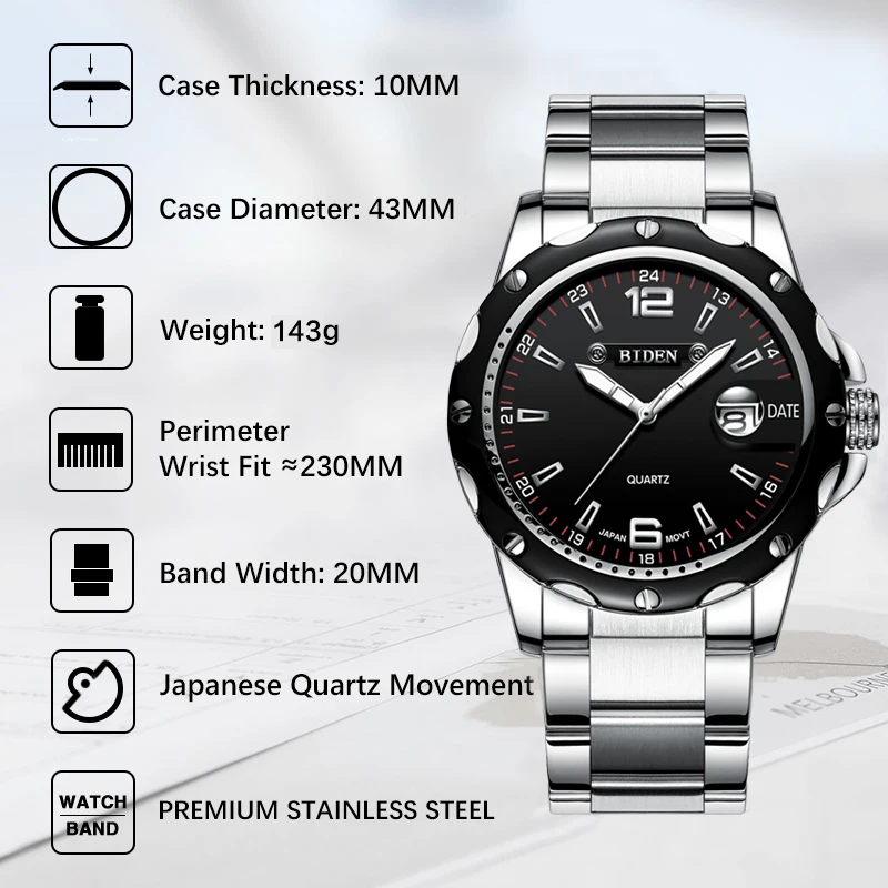 BIDEN Luxury Brand Calendar Quartz Business Men Watch Waterproof Stainless Steel Sport Wrist Man Clock relogio masculino | Наручные часы