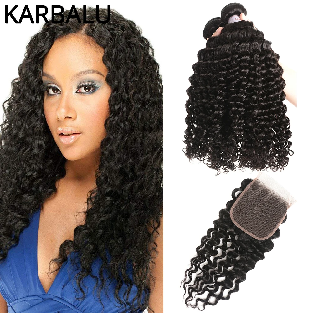 Karbalu Deep Wave Bundles with Closure Brazilian Huamn Hair 4x4 Non-Remy Natural Color Extension For Black Women 150% density