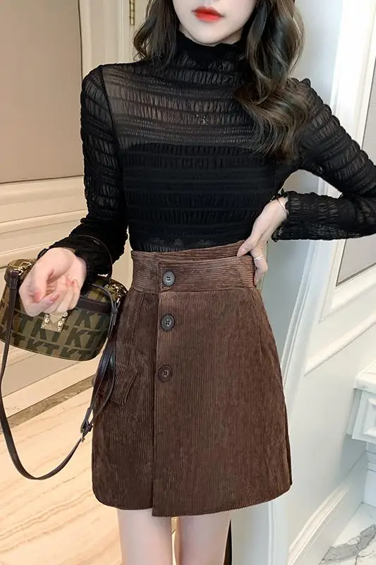 

Vintage Irregular Corduroy Skirts Womens A-line Office Mini Skirt High Waist Short Black Skirt Office Women's Skirt